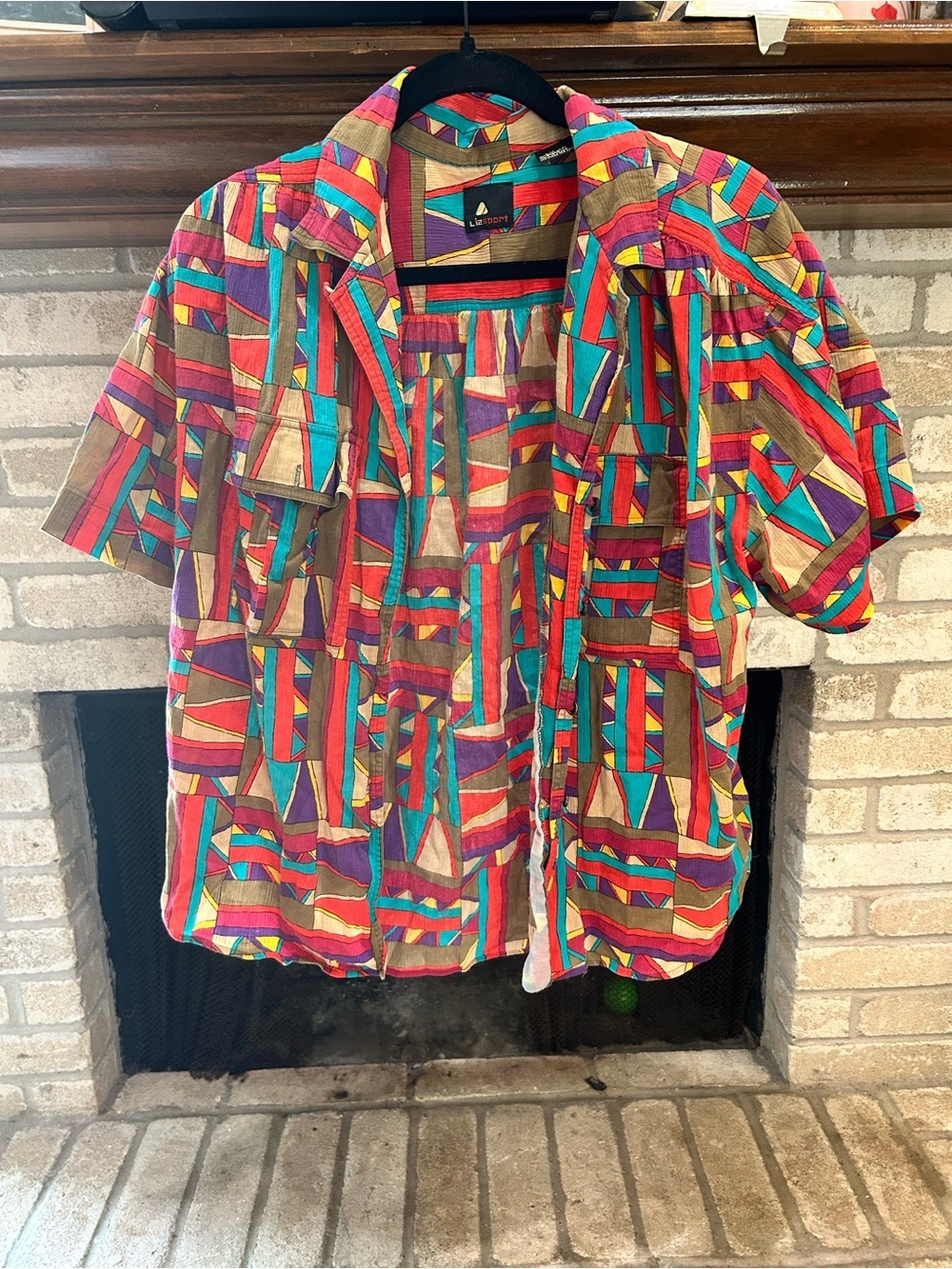 LIZSPORT Colorful Geometric Short Sleeve Button-Down Shirt - Multicolor EUC